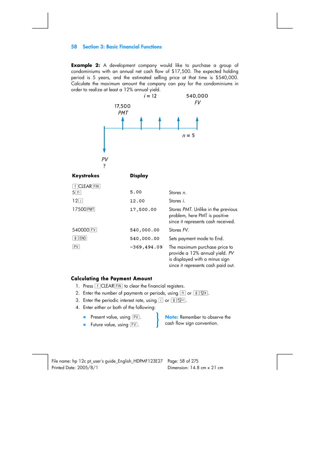 HP 12C Financial 12C manual 12.00, 17,500.00, 540,000.00, 369,494.09, Calculating the Payment Amount 