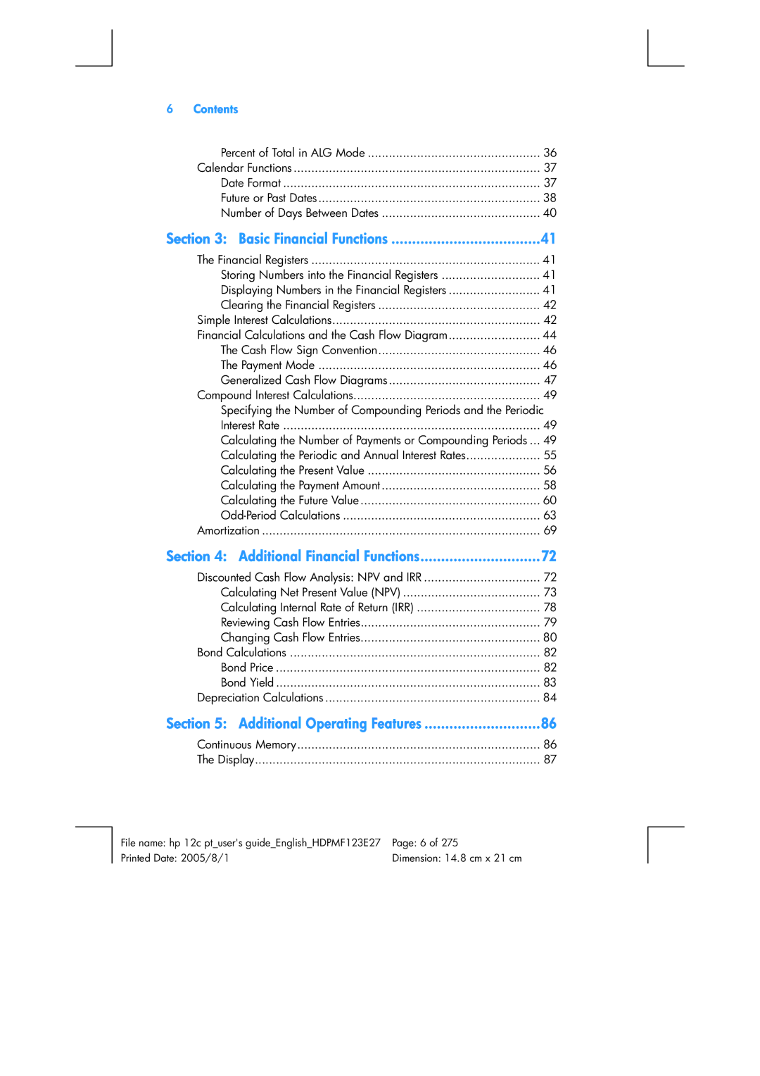 HP 12C Financial 12C manual Section, Contents 