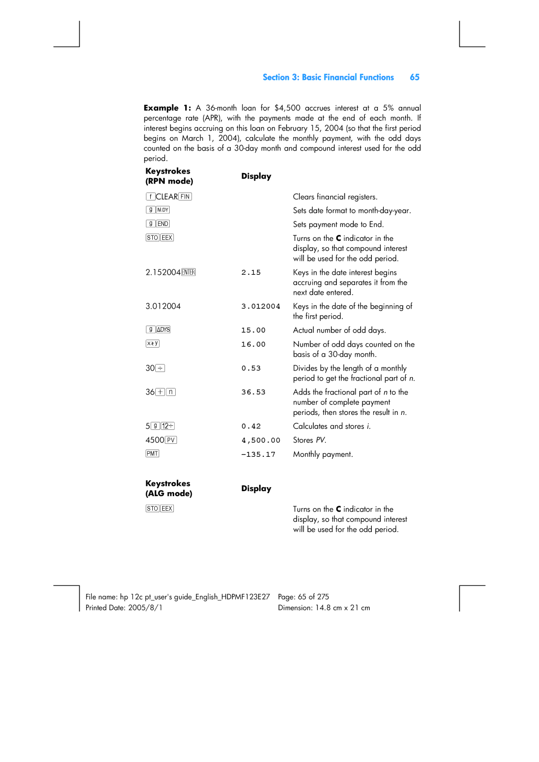 HP 12C Financial 12C manual 012004, 135.17, 5gC 