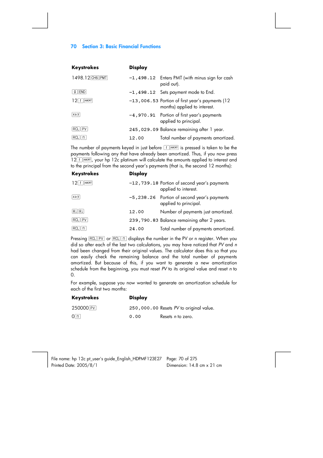 HP 12C Financial 12C manual 498.12, 970.91, 245,029.09, 238.26, Dd $ n Display 