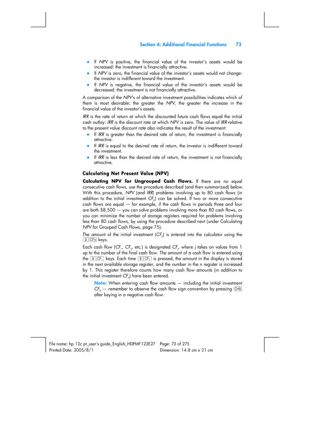 HP 12C Financial 12C manual Additional Financial Functions, Calculating Net Present Value NPV 