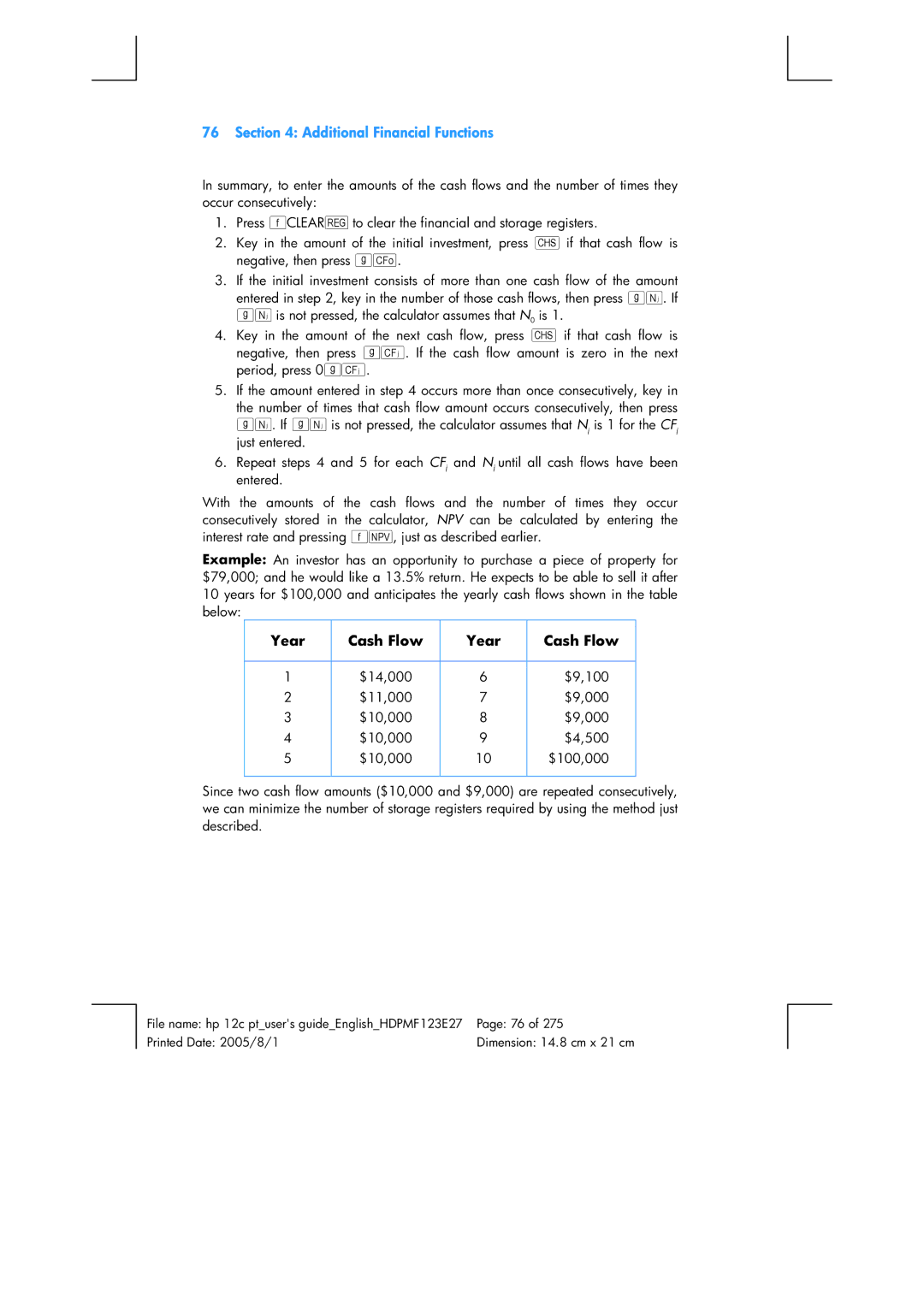 HP 12C Financial 12C manual Year Cash Flow 