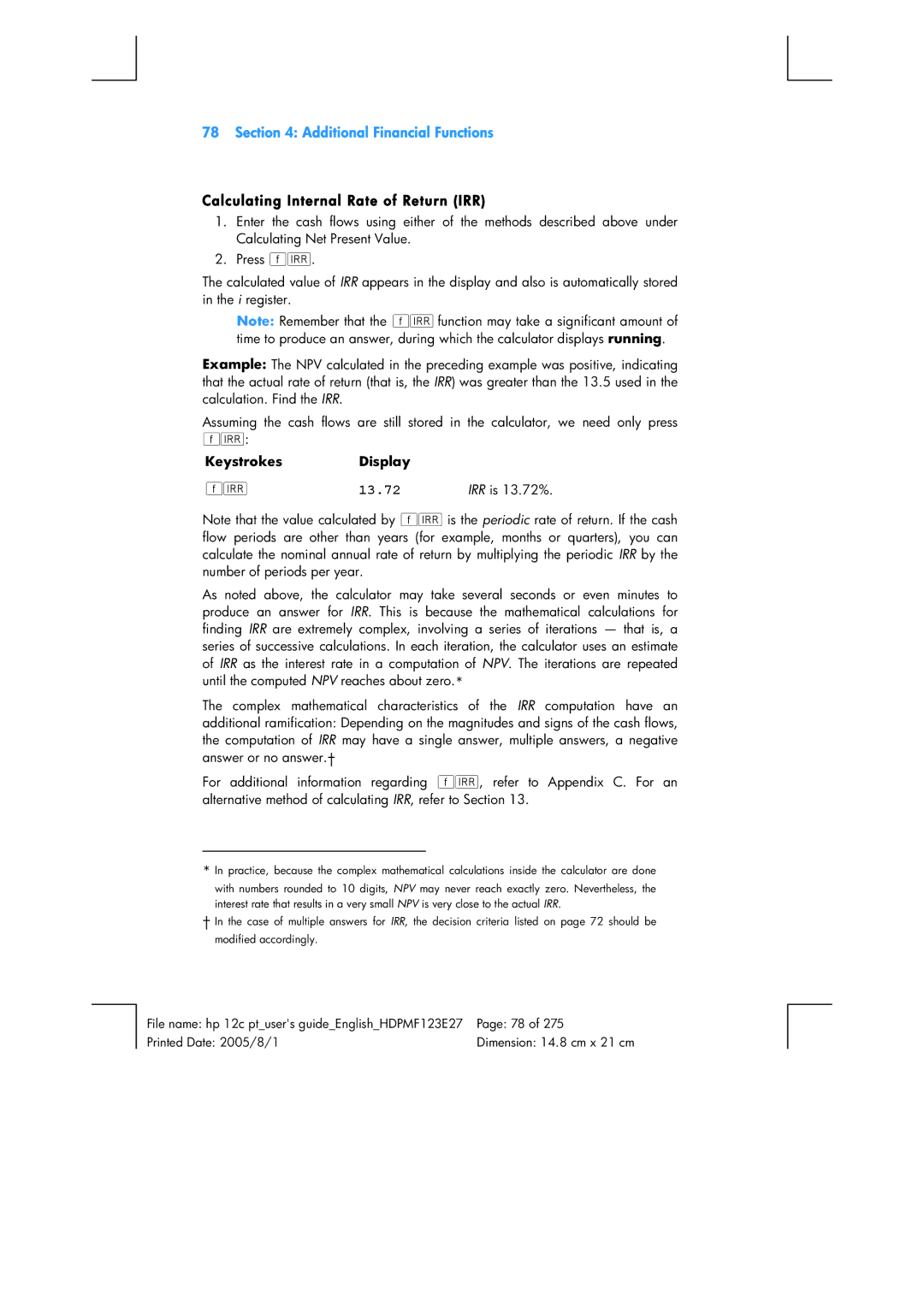 HP 12C Financial 12C manual Calculating Internal Rate of Return IRR, 13.72 