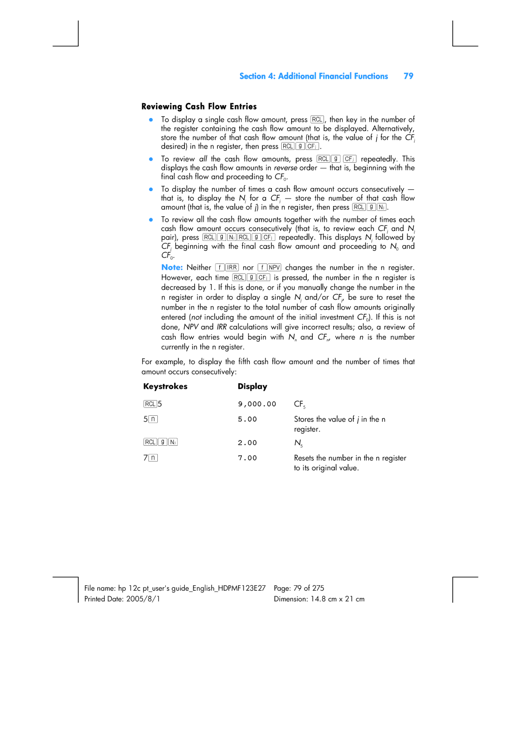 HP 12C Financial 12C manual Reviewing Cash Flow Entries 