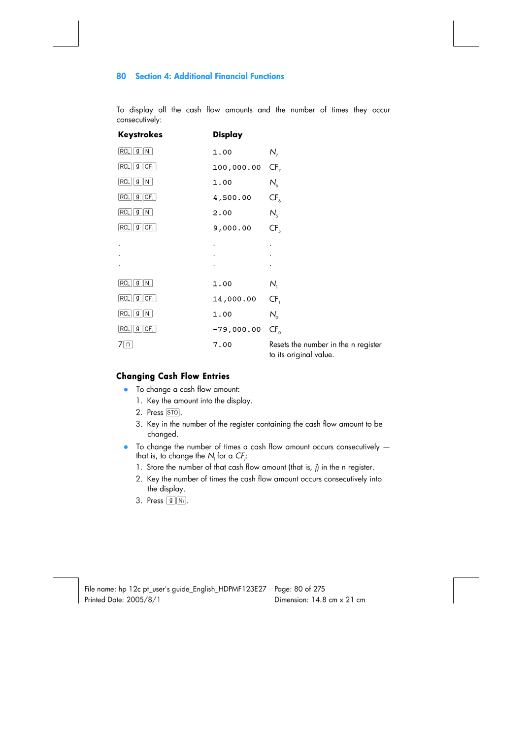 HP 12C Financial 12C manual 100,000.00 500.00 14,000.00 79,000.00, Changing Cash Flow Entries 