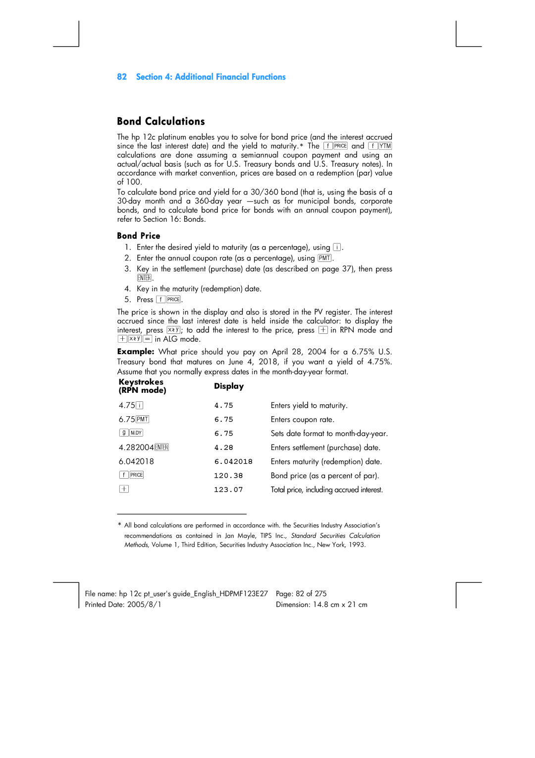 HP 12C Financial 12C manual Bond Calculations, Bond Price, 042018, 120.38, 123.07 