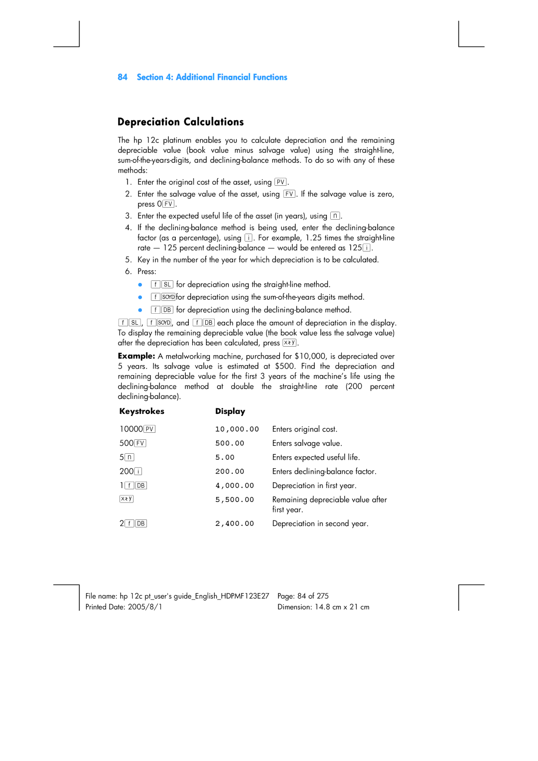 HP 12C Financial 12C manual Depreciation Calculations, 400.00, 1f#, 2f# 