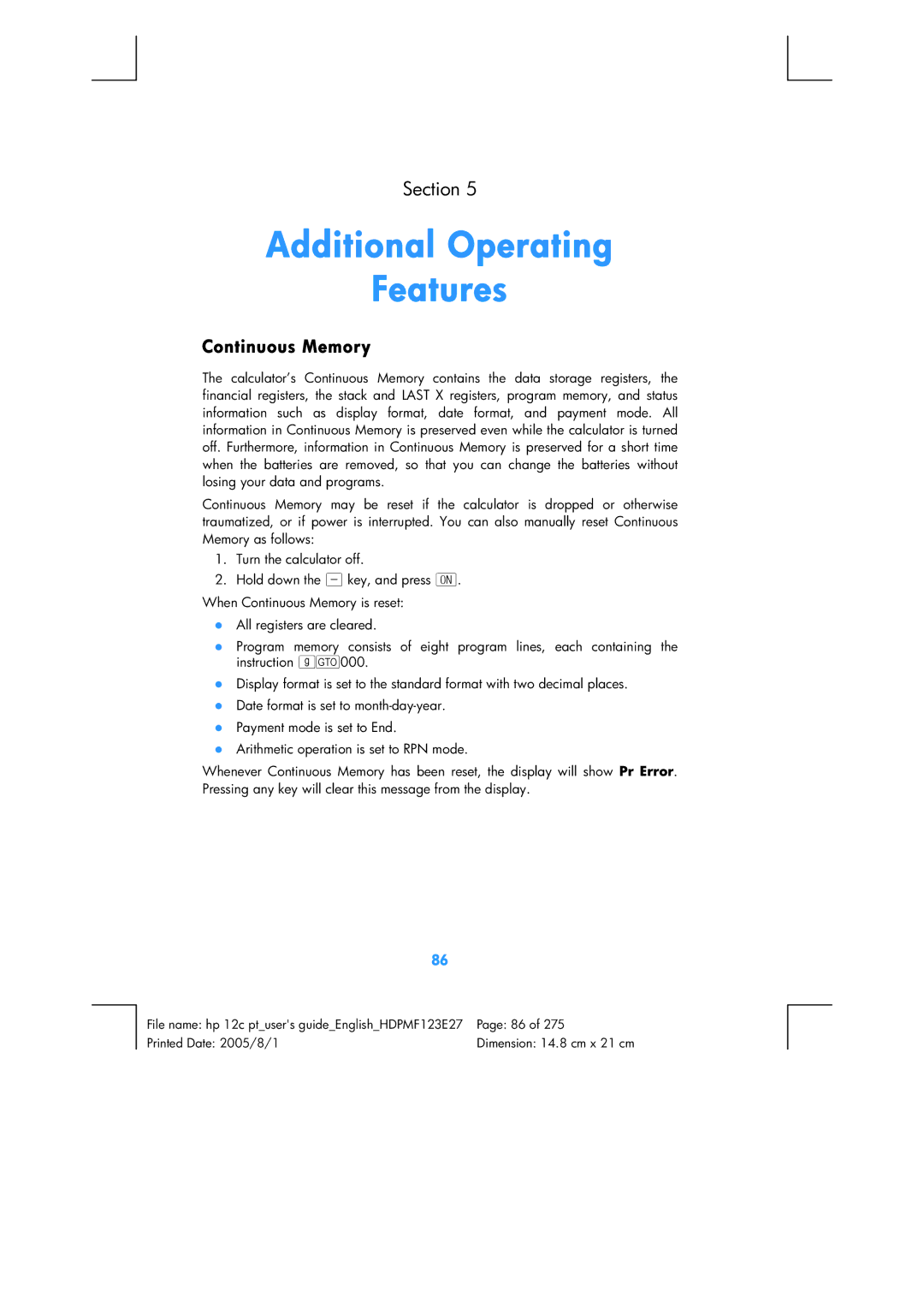 HP 12C Financial 12C manual Additional Operating Features, Continuous Memory 