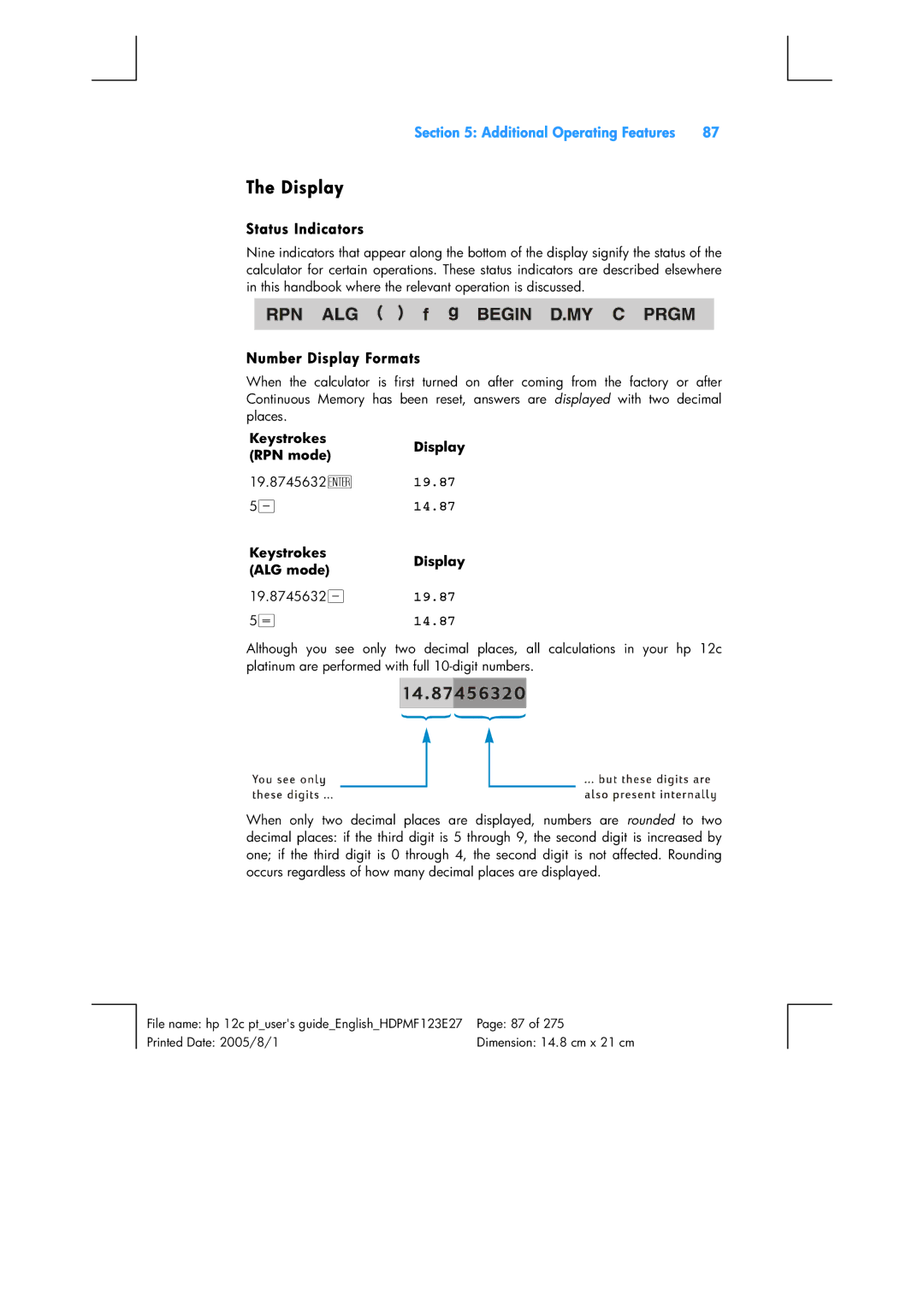 HP 12C Financial 12C manual Additional Operating Features, Status Indicators, Number Display Formats, 14.87 