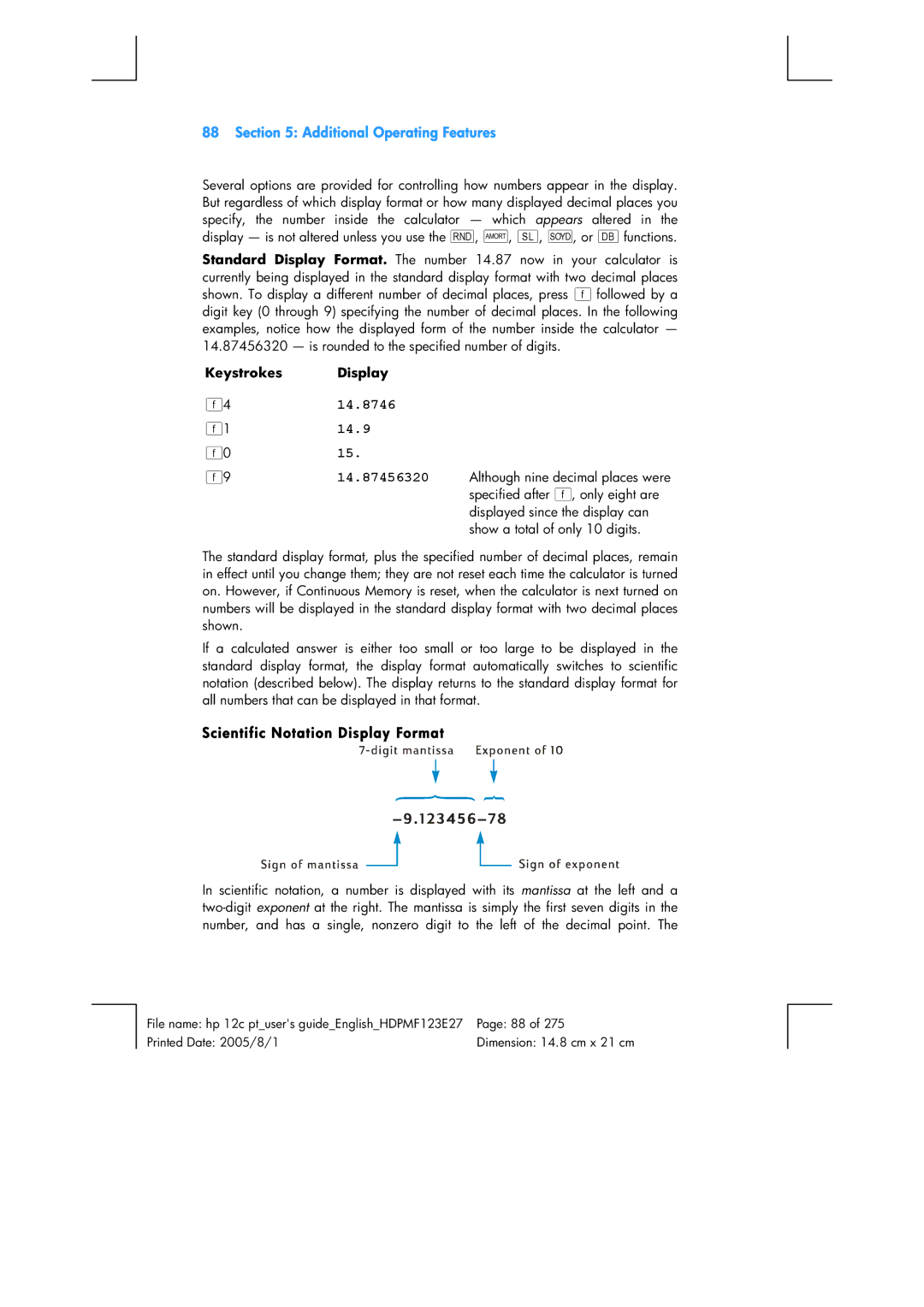 HP 12C Financial 12C manual 14.8746 14.9 14.87456320, Scientific Notation Display Format 