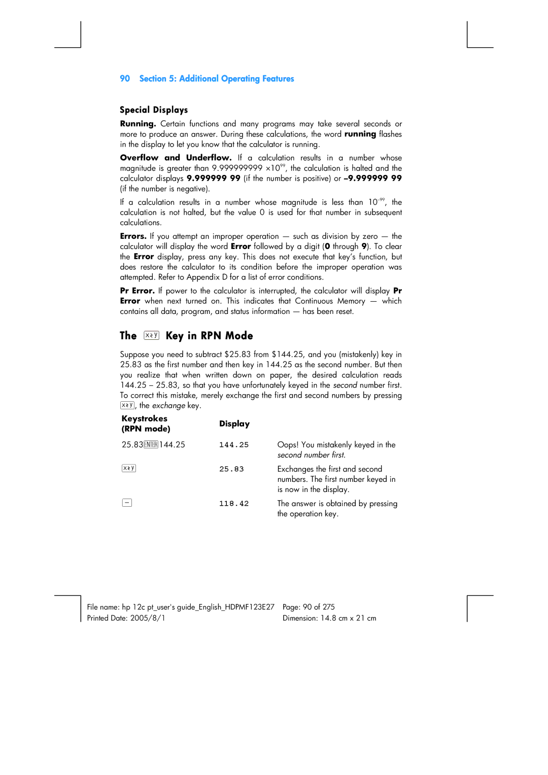 HP 12C Financial 12C manual Key in RPN Mode, Special Displays 