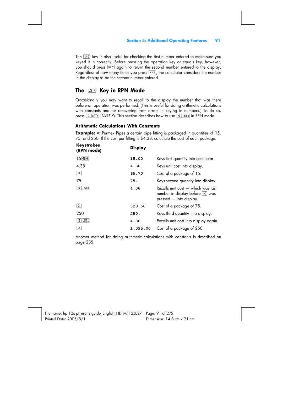 HP 12C Financial 12C manual Arithmetic Calculations With Constants 