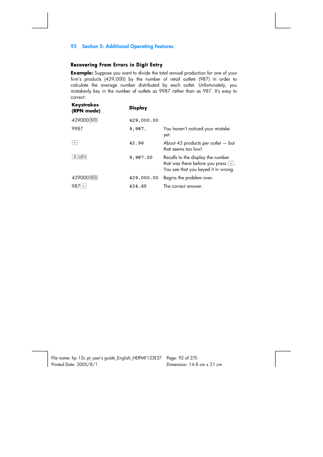 HP 12C Financial 12C manual Recovering From Errors in Digit Entry, 429,000.00 