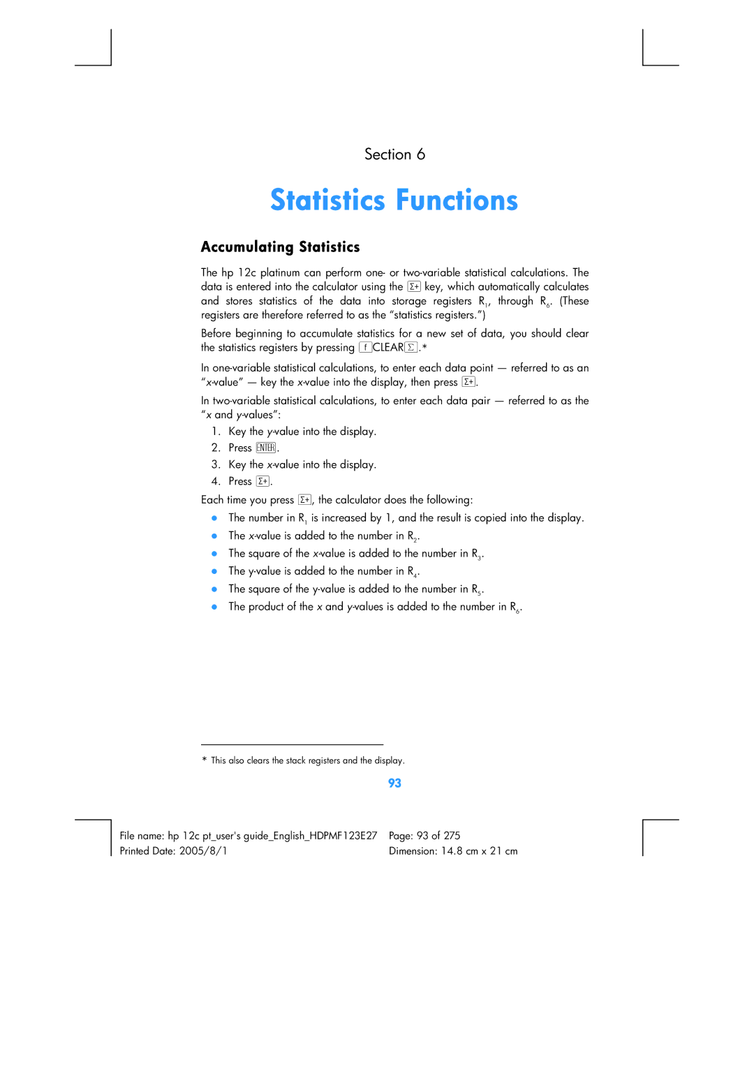 HP 12C Financial 12C manual Statistics Functions, Accumulating Statistics 