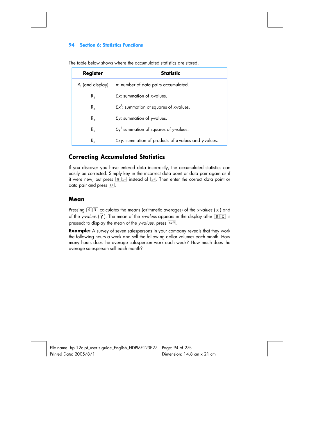 HP 12C Financial 12C manual Correcting Accumulated Statistics, Mean, Statistics Functions, Register Statistic 