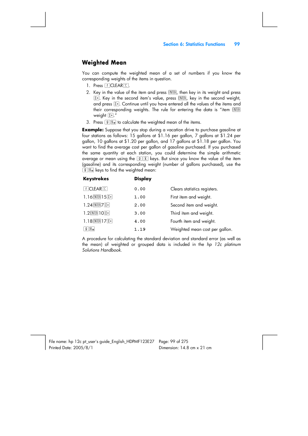 HP 12C Financial 12C manual Weighted Mean 