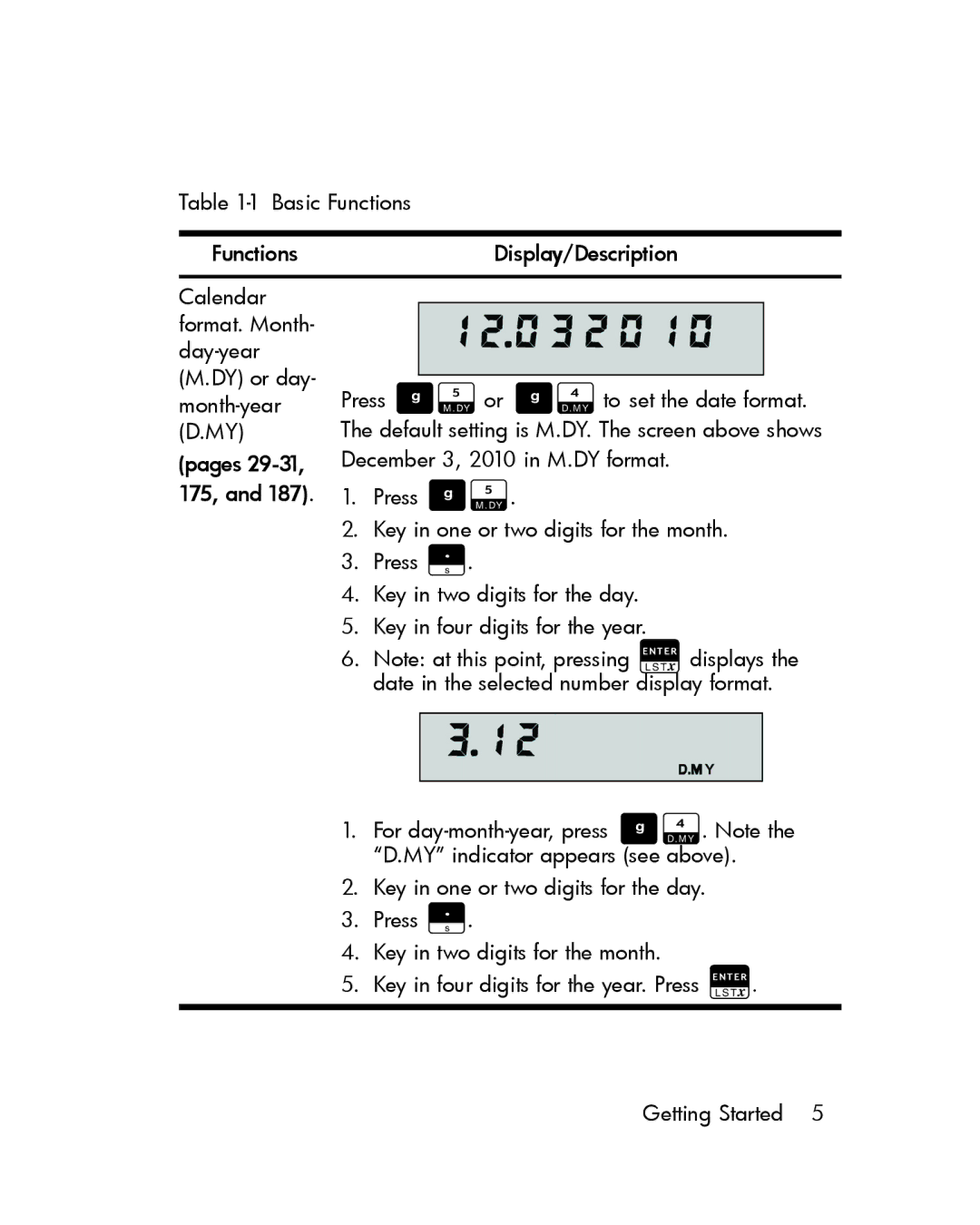 HP 12c Prestige Financial manual Default setting is M.DY. The screen above shows 