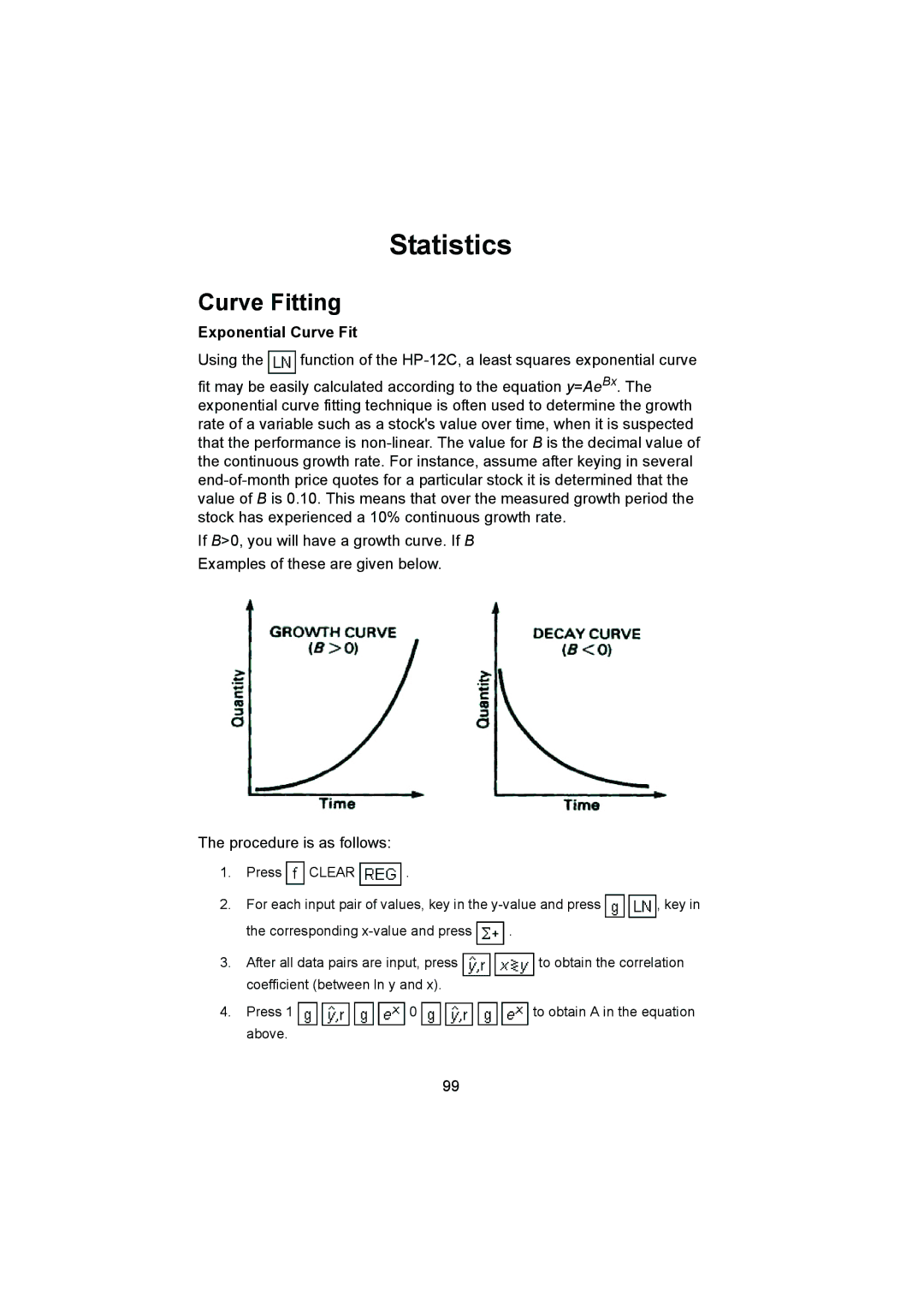 HP 12C manual Statistics, Curve Fitting, Exponential Curve Fit 