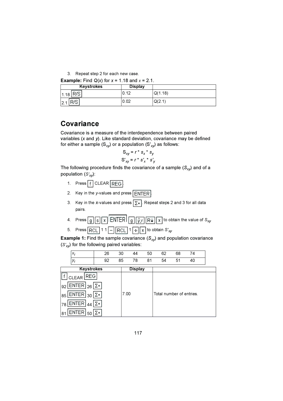 HP 12C manual Covariance, Example Find Qx for x = 1.18 and x =, 117 