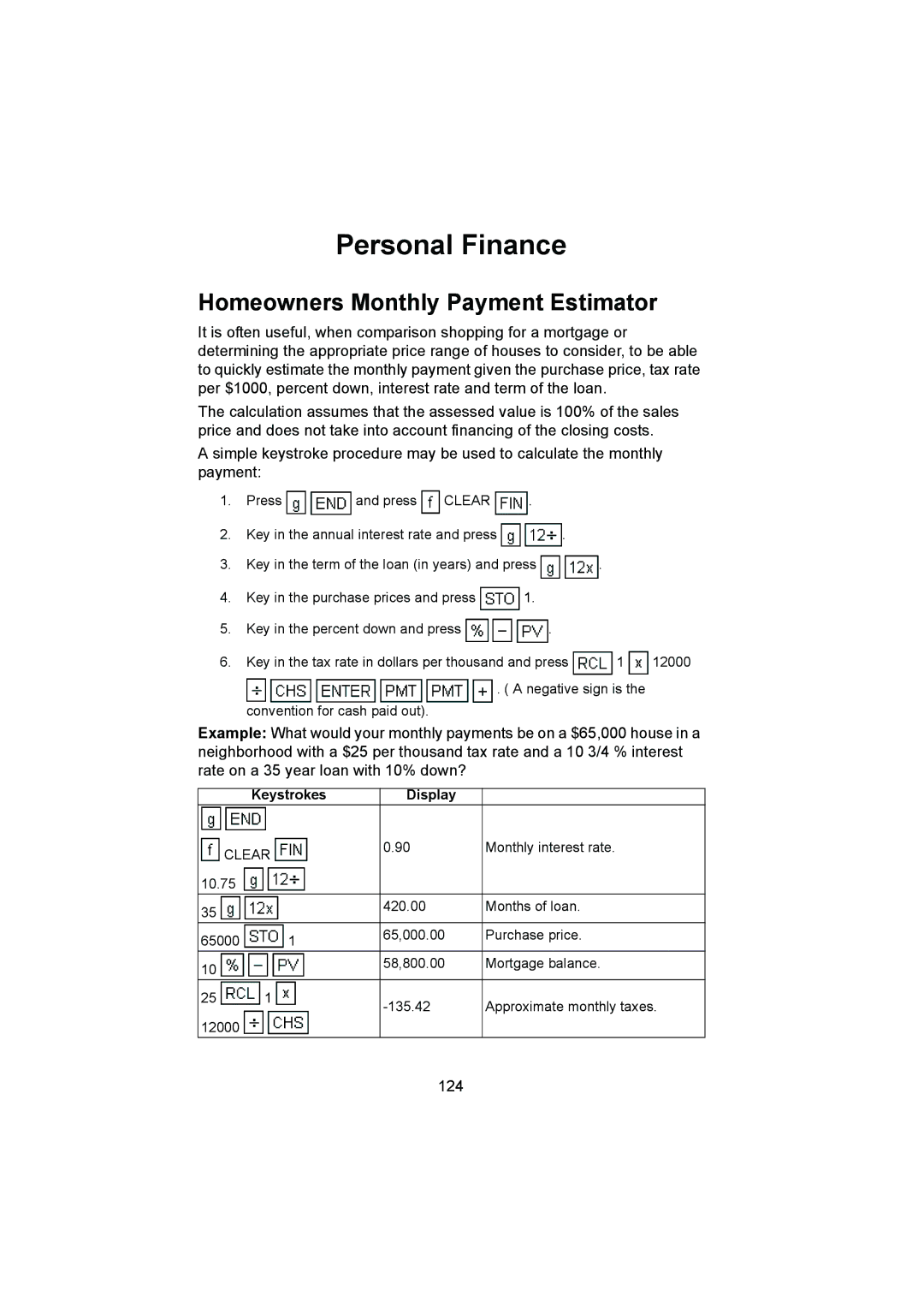 HP 12C manual Personal Finance, Homeowners Monthly Payment Estimator, 124 