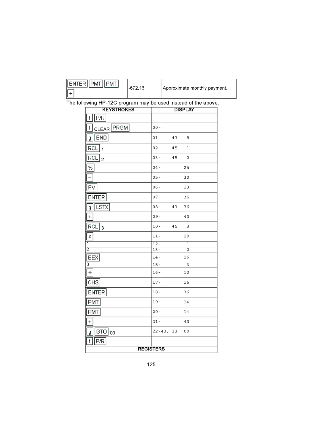 HP manual Following HP-12C program may be used instead of the above, 125 