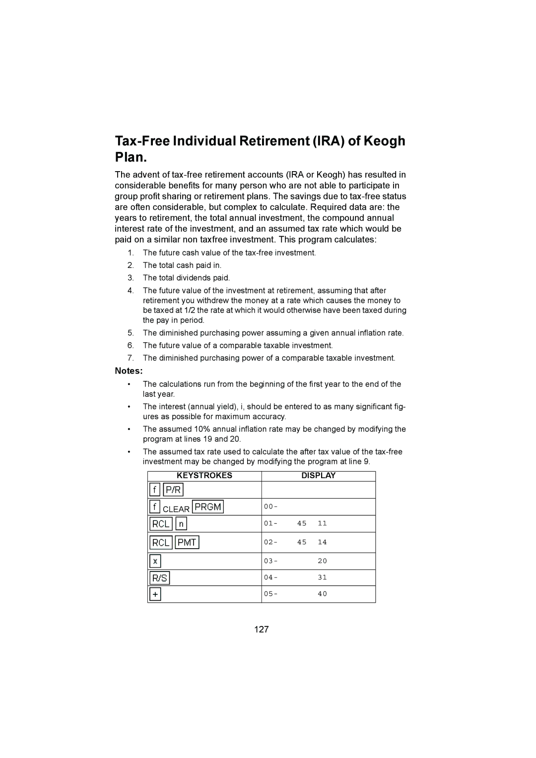 HP 12C manual Tax-Free Individual Retirement IRA of Keogh Plan, 127 