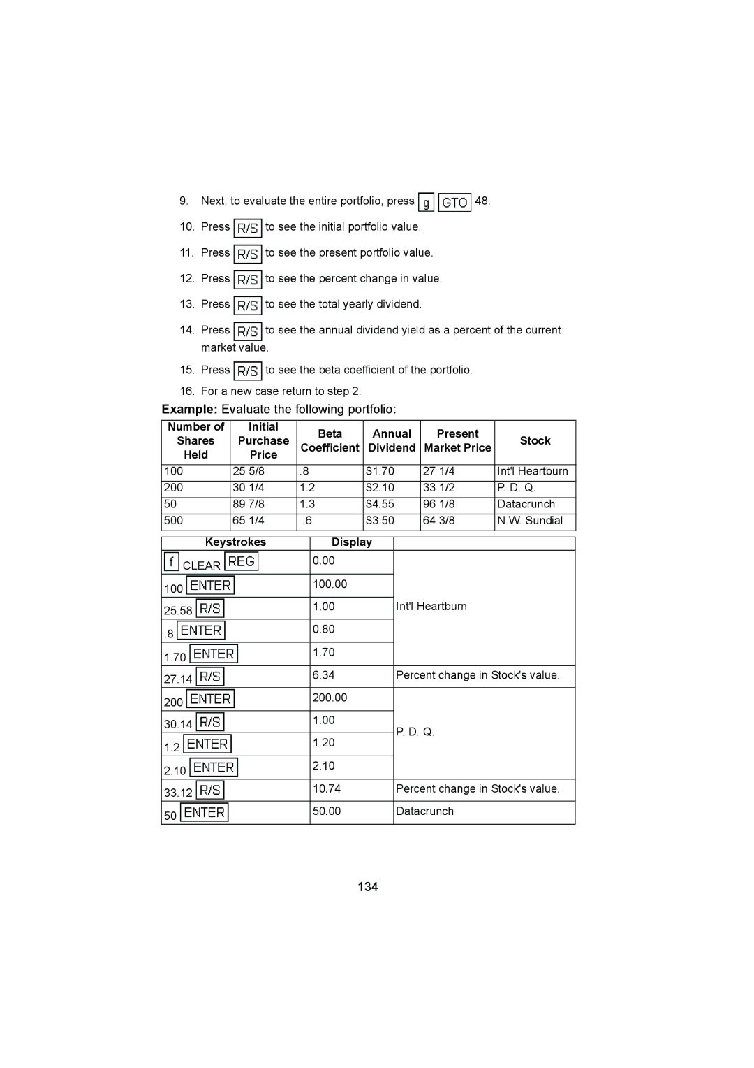 HP 12C manual Example Evaluate the following portfolio, 134 