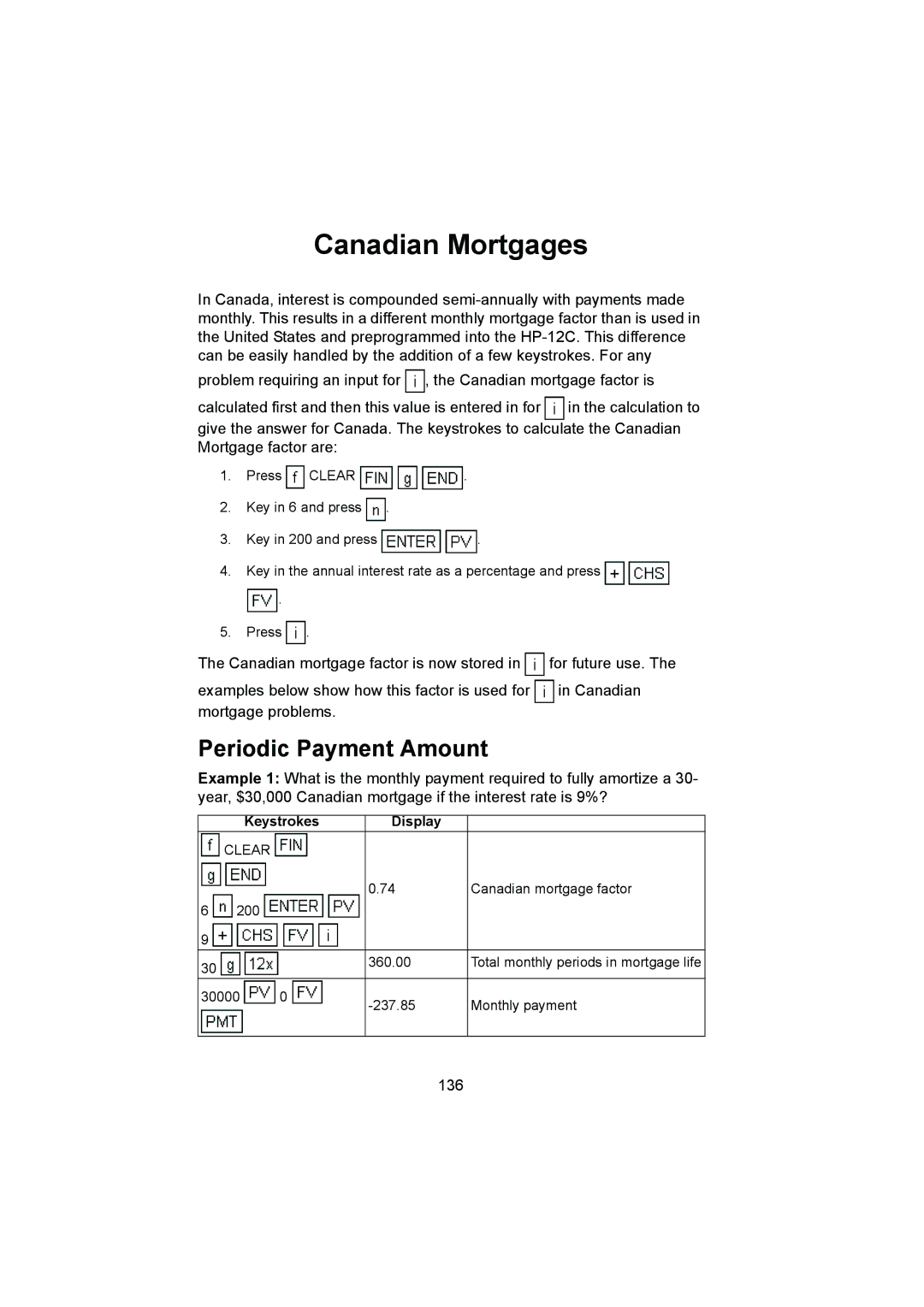 HP 12C manual Canadian Mortgages, Periodic Payment Amount, 136 