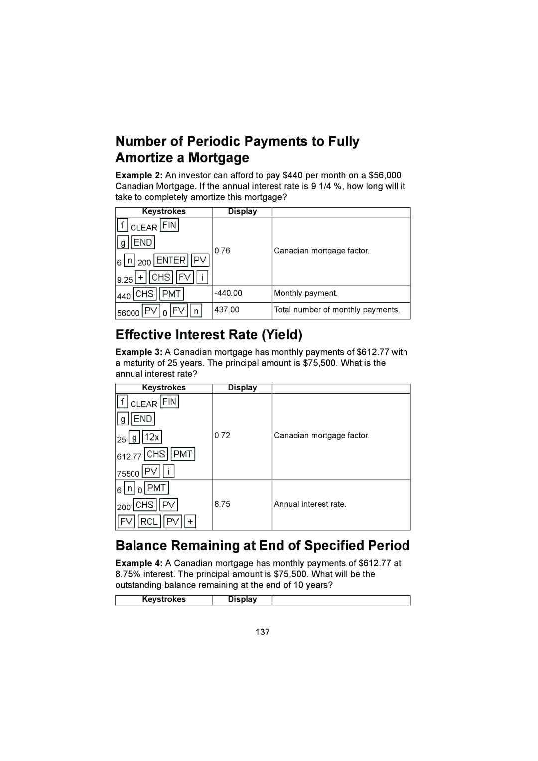 HP 12C manual Number of Periodic Payments to Fully Amortize a Mortgage, Effective Interest Rate Yield, 137 