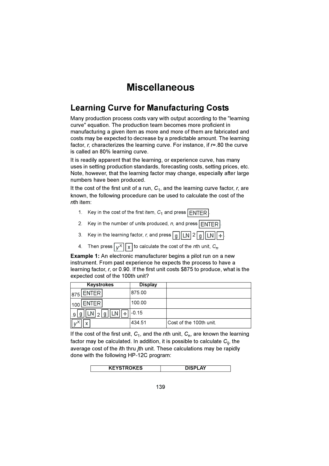 HP 12C manual Miscellaneous, Learning Curve for Manufacturing Costs, 139 