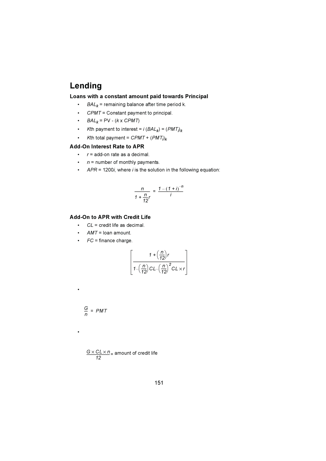 HP 12C manual Lending, Loans with a constant amount paid towards Principal, Add-On Interest Rate to APR, 151 