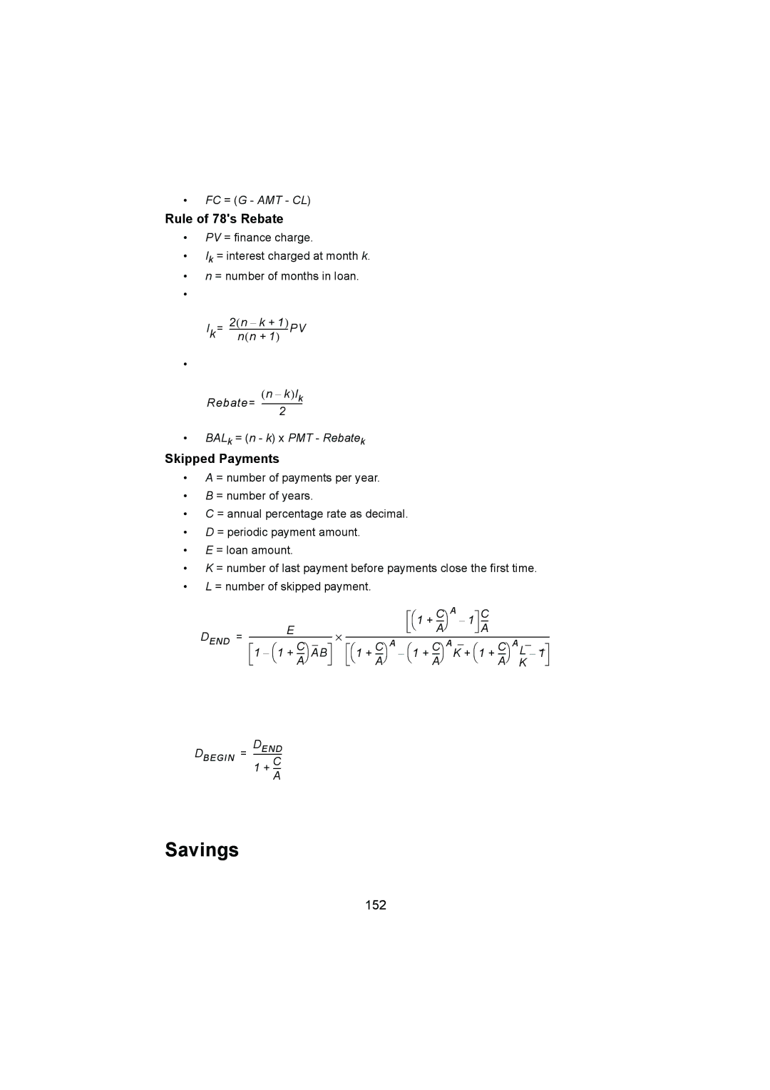 HP 12C manual Savings, Rule of 78s Rebate, Skipped Payments, 152 