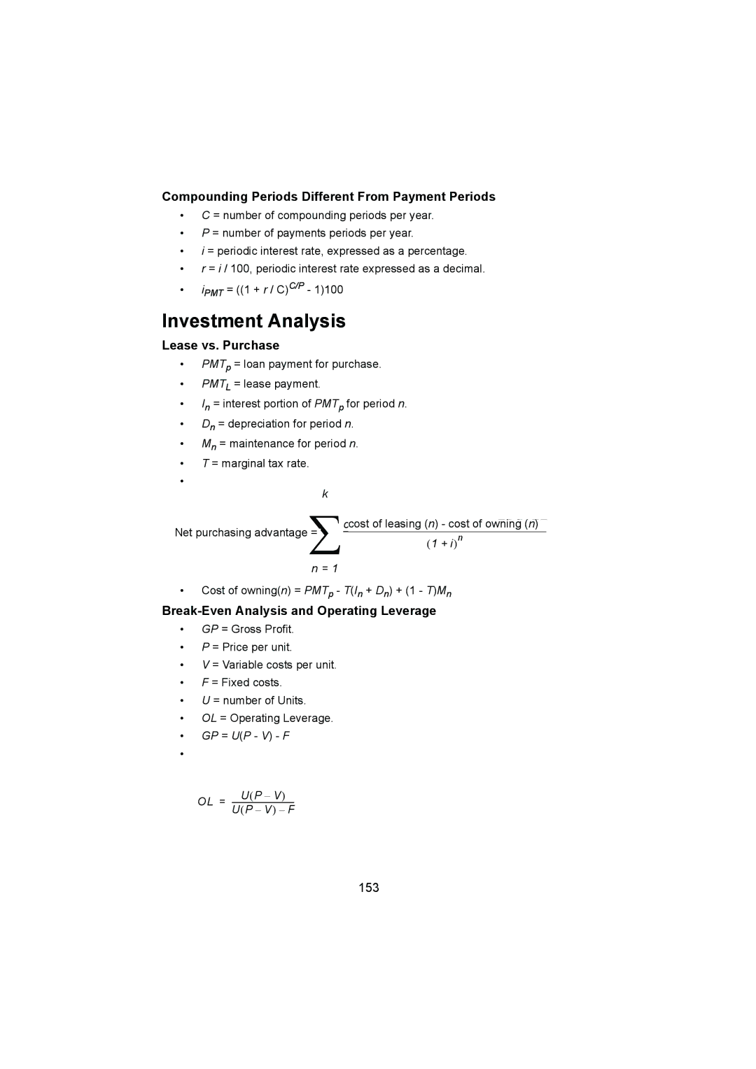 HP 12C manual Investment Analysis, Compounding Periods Different From Payment Periods, Lease vs. Purchase, 153 