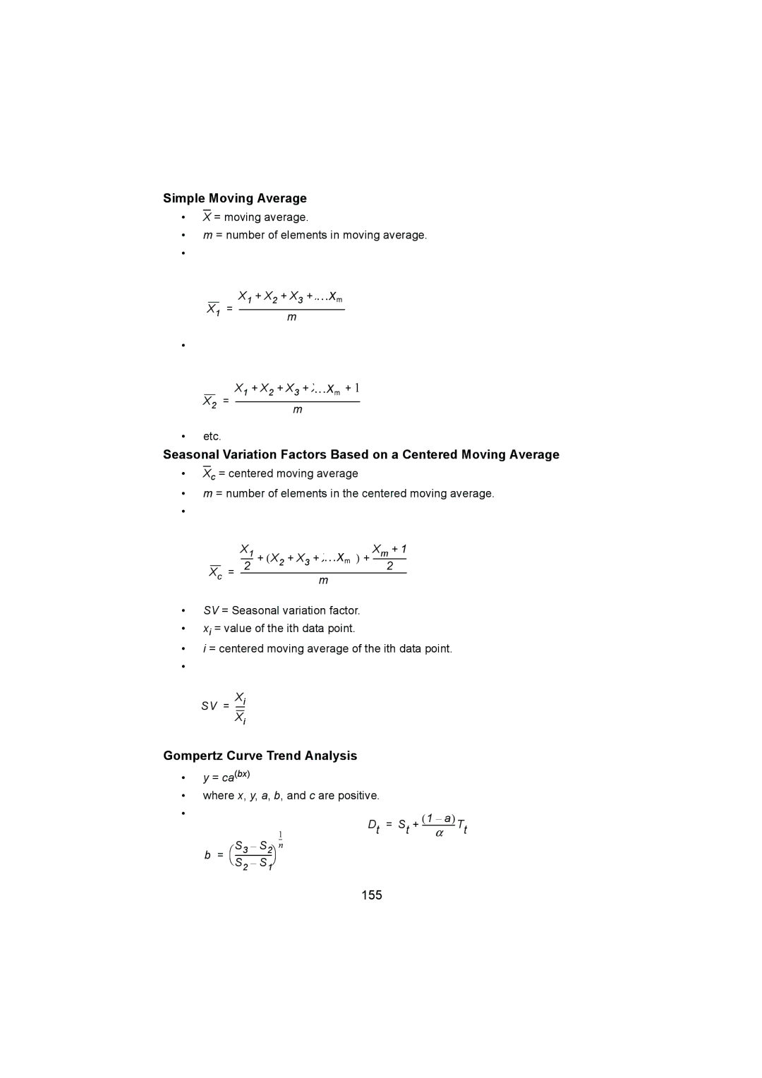 HP 12C manual Simple Moving Average, Gompertz Curve Trend Analysis, 155 