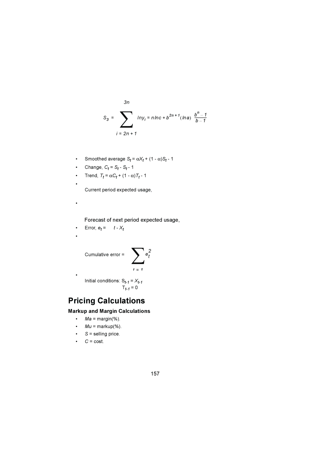 HP 12C manual Pricing Calculations, Forecast of next period expected usage, Markup and Margin Calculations, 157 