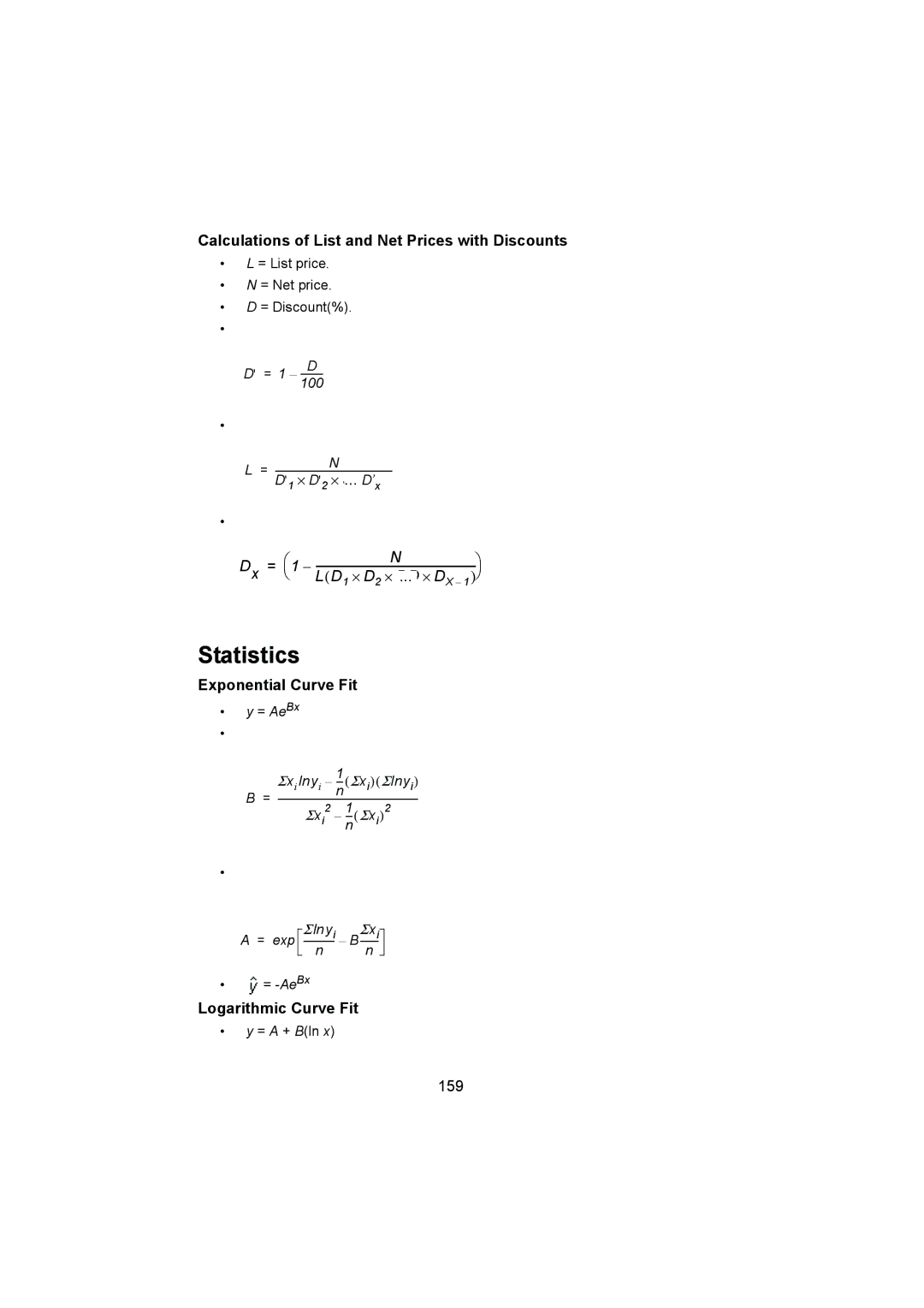 HP 12C manual Statistics, Calculations of List and Net Prices with Discounts, 159 