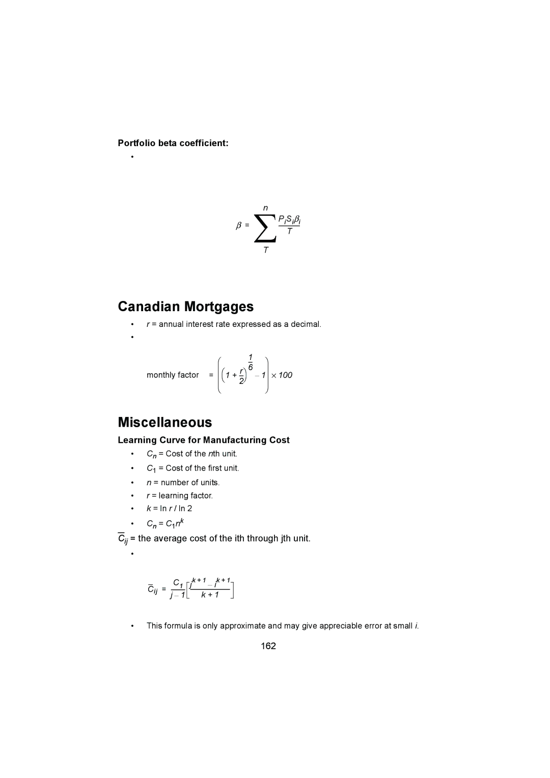 HP 12C manual Canadian Mortgages, Miscellaneous, Portfolio beta coefficient, Learning Curve for Manufacturing Cost 