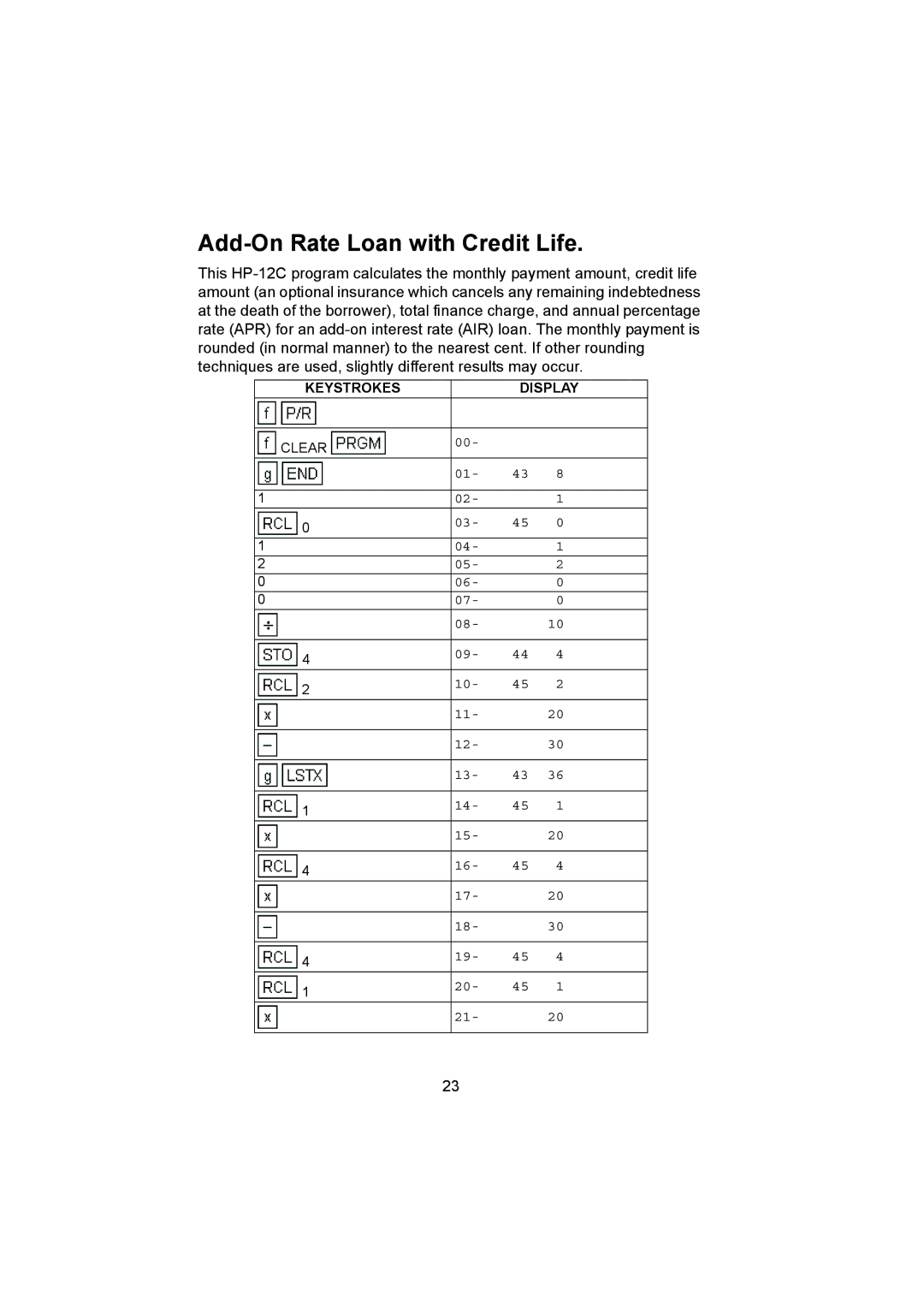 HP 12C manual Add-On Rate Loan with Credit Life 