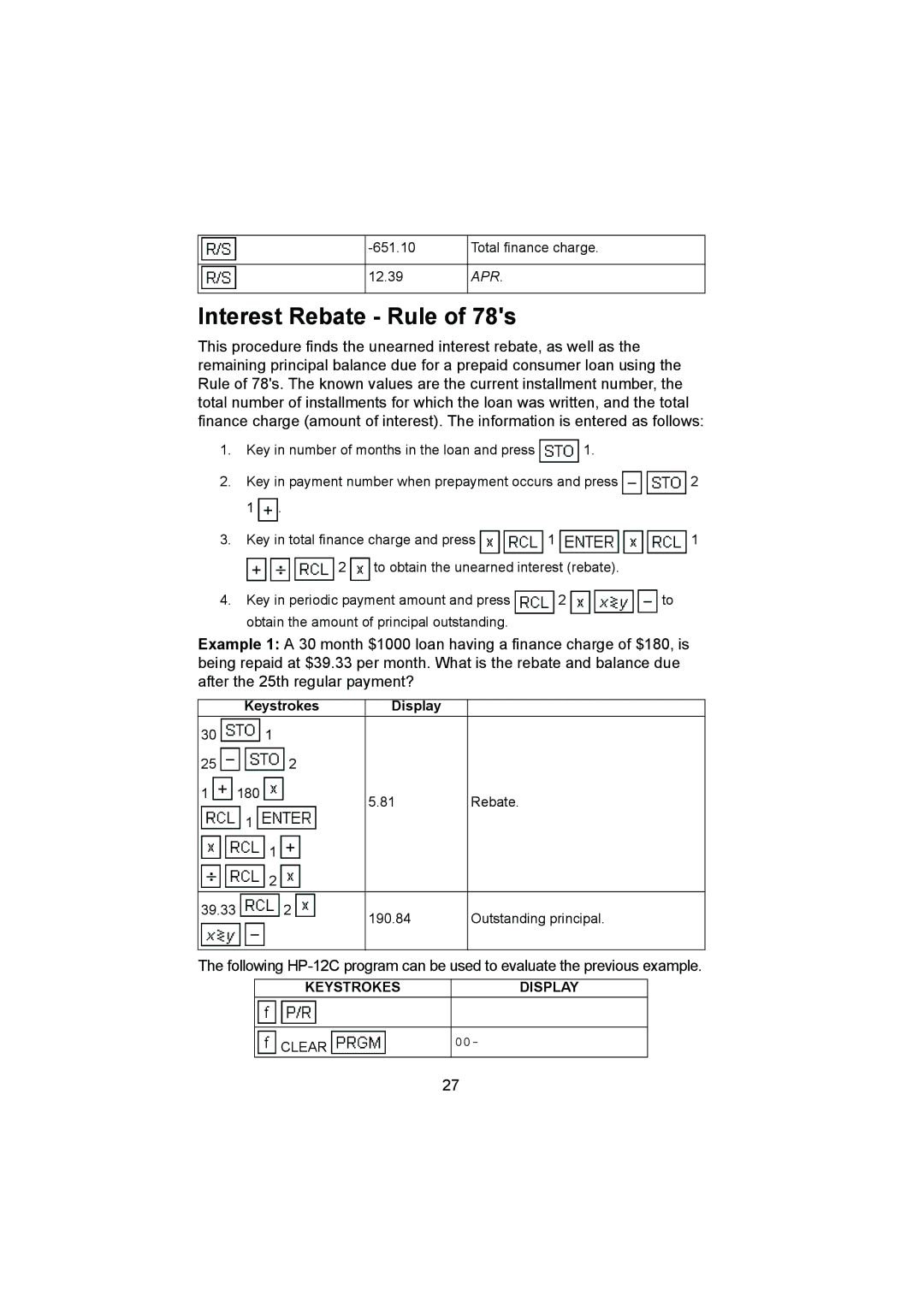 HP 12C manual Interest Rebate Rule of 78s 