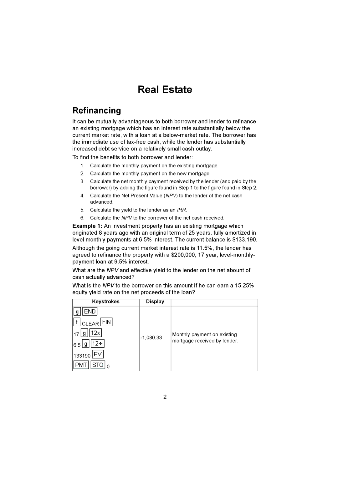 HP 12C manual Real Estate, Refinancing 