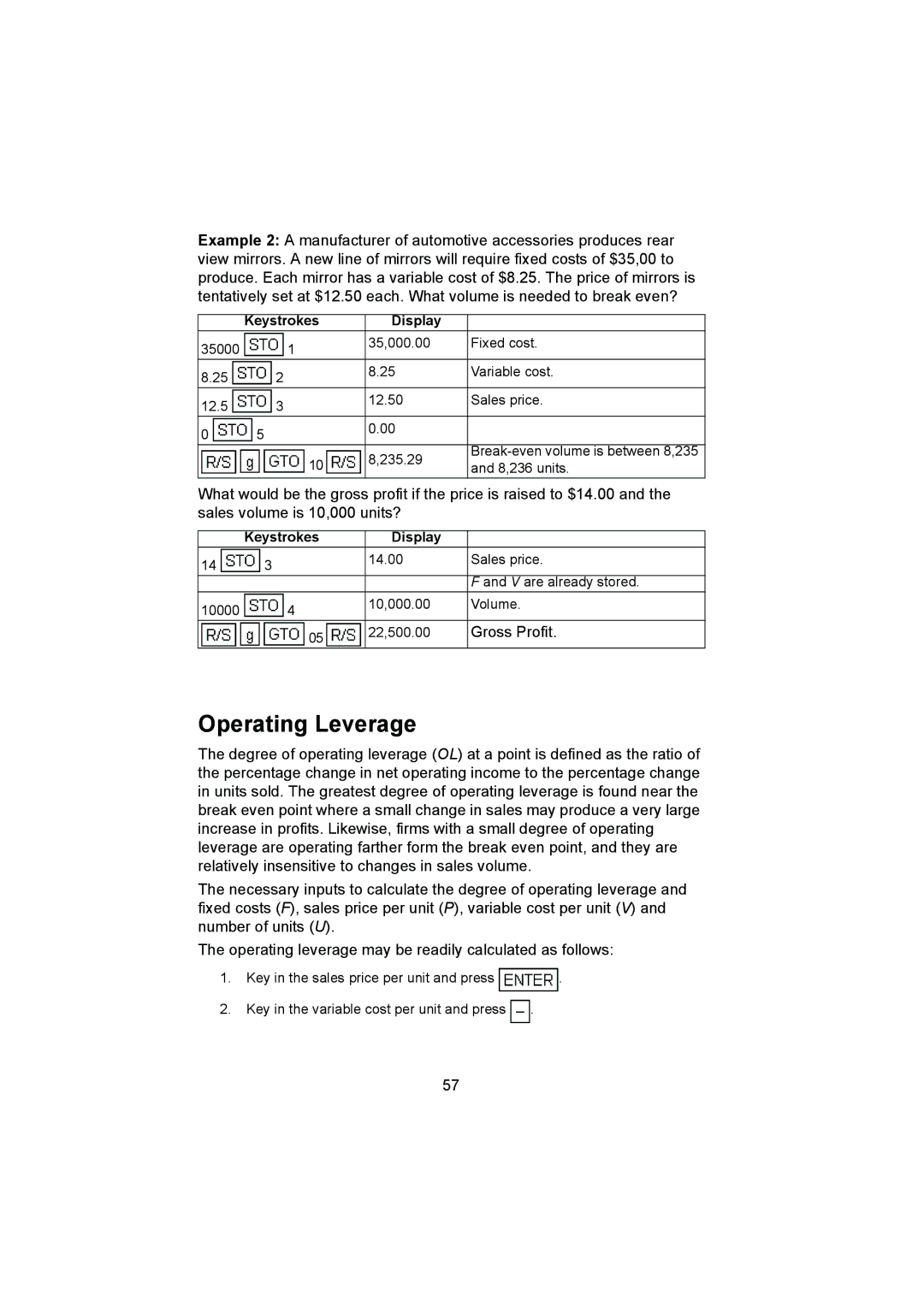 HP 12C manual Operating Leverage, Gross Profit 