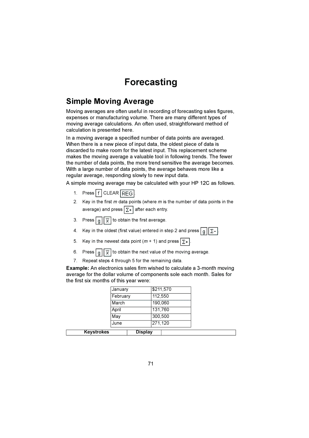 HP 12C manual Forecasting, Simple Moving Average 