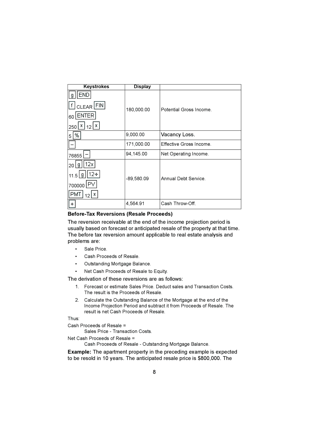 HP 12C manual Vacancy Loss, Before-Tax Reversions Resale Proceeds, Derivation of these reversions are as follows 