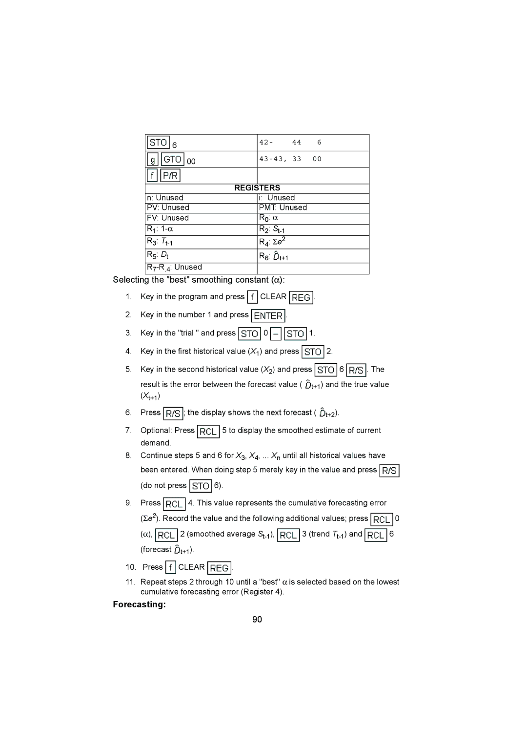 HP 12C manual Selecting the best smoothing constant α, Forecasting 