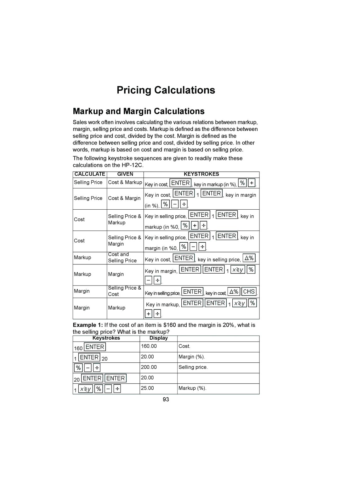 HP 12C manual Pricing Calculations, Markup and Margin Calculations 