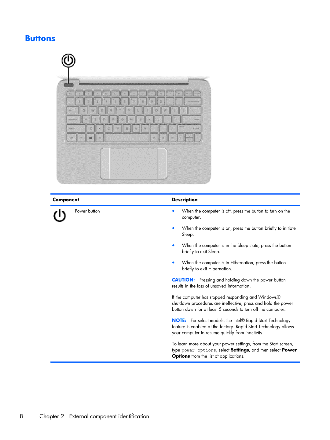 HP 13-3001xx Ultrabook, 13-3010dx Ultrabook, 13t-3000 Ultrabook Buttons, Your computer to resume quickly from inactivity 