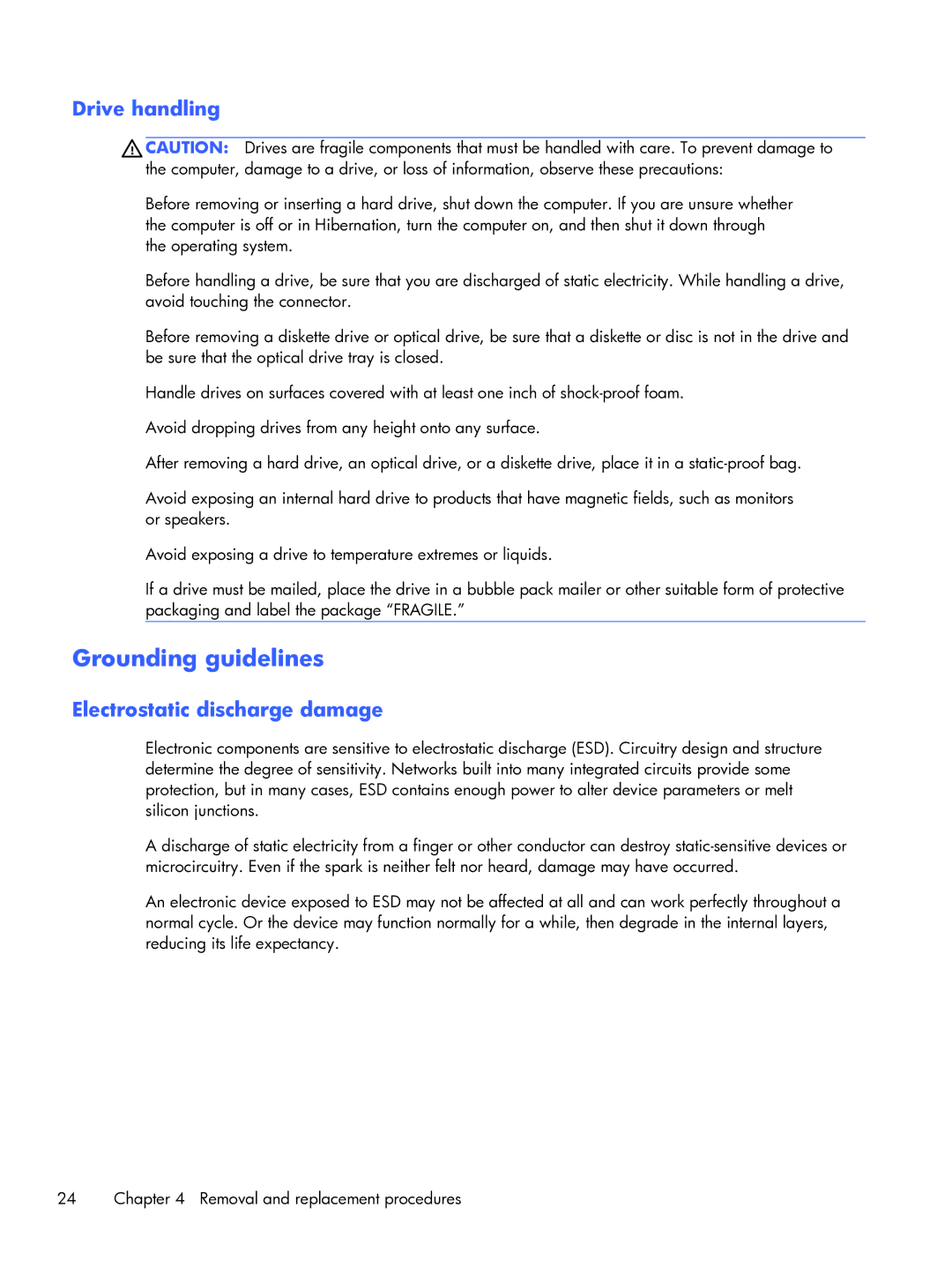 HP 13-3001xx Ultrabook, 13-3010dx Ultrabook, 13t-3000 Ultrabook, 13-3018ca Ultrabook Grounding guidelines, Drive handling 