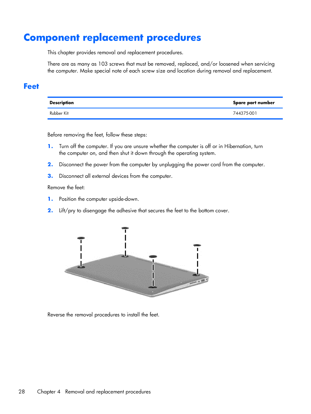 HP 13-3001xx Ultrabook manual Component replacement procedures, Feet, Description Spare part number Rubber Kit 744375-001 
