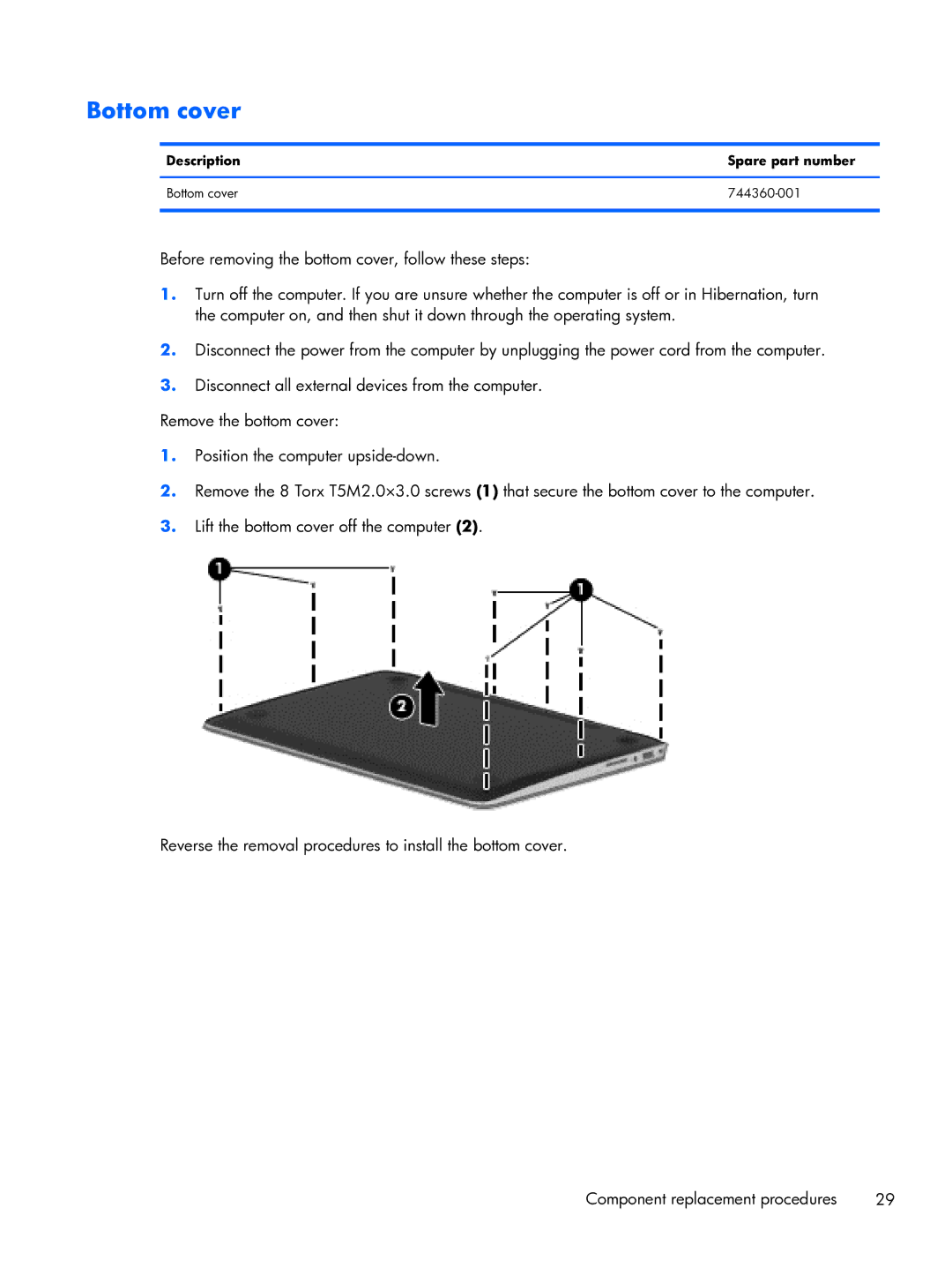 HP 13-3010dx Ultrabook, 13-3001xx Ultrabook, 13t-3000 Ultrabook Description Spare part number Bottom cover 744360-001 