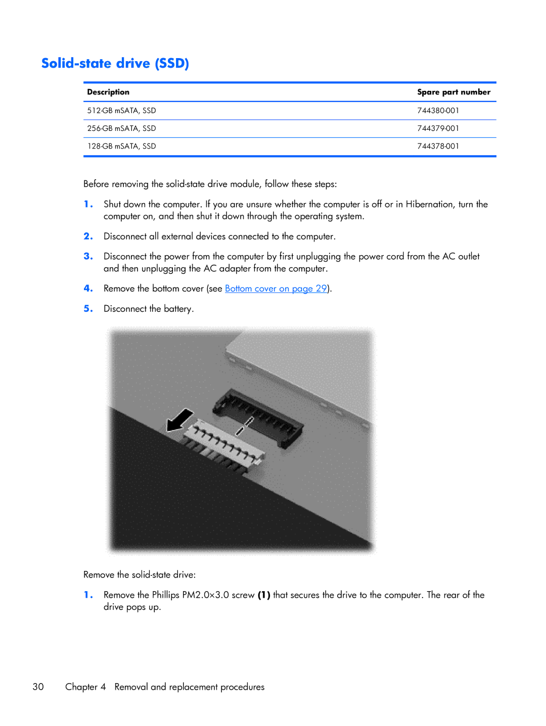 HP 13t-3000 Ultrabook, 13-3001xx Ultrabook, 13-3010dx Ultrabook manual Solid-state drive SSD, Description Spare part number 